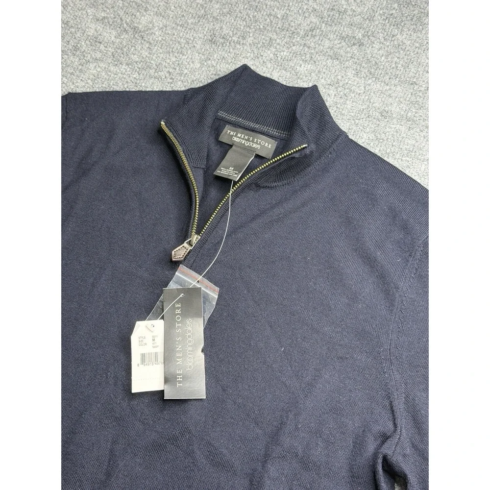 Bloomingdales Mens Store 1/4 Zip Sweater Medium Blue Merino 100% Wool New Tags